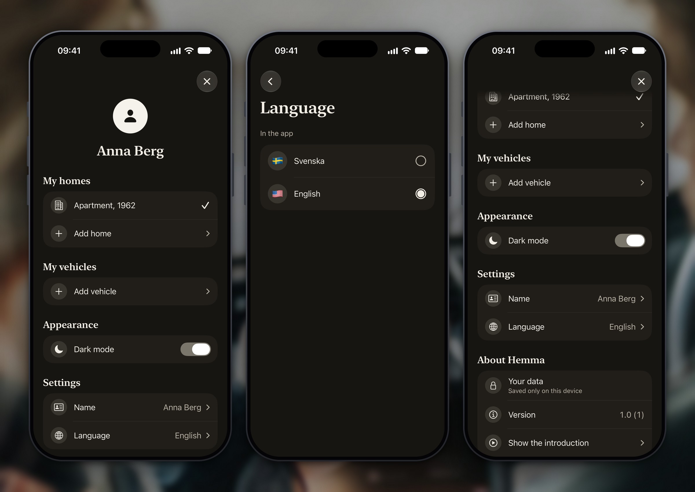 Three Hemma screens: the profile with the dark mode switch and language setting, the language page with Svenska and English, and the lower half of the profile with the line that data is only saved on this device.